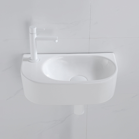 QeramiQ Fuente fonteinset – halfrond – 40x21.5x12 cm – keramiek wit glans – kraangat links – mat witte kraan SW1232800