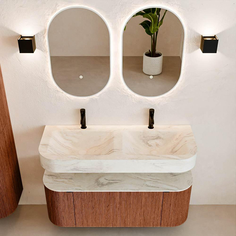 MONDIAZ THOR-DLUX 120cm badmeubel ronding links + rechts kleur Ruby met 1 lade en 2 deuren. Vrijhangende wastafel CLOUD Dubbel 2 kraangaten kleur Ostra. SW1463184