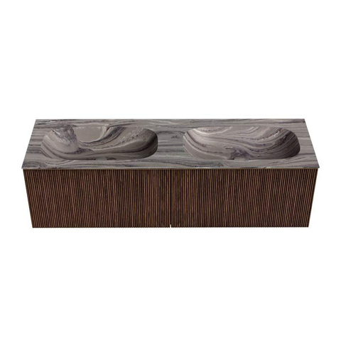 MONDIAZ KURVE-DLUX Meuble de salle de bains 150 cm couleur Walnut avec 2 tiroirs et 0 porte. Lavabo STOR SMALL Double sans trou de robinet Sombra. SW1433712