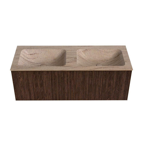 MONDIAZ KURVE-DLUX Meuble de salle de bains 120 cm couleur Walnut avec 1 tiroir et 0 porte. Lavabo LEAF Double sans trou de robinet Saba. SW1433196