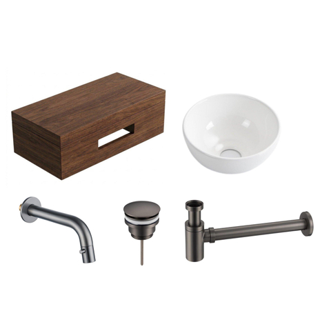 Royal Plaza Terra pack lave-mains – 40 x 25 x 10 cm – bois blanc brillant – avec porte-serviette – châtaigne (noyer) SW1576331