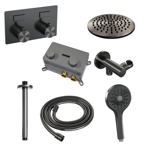 BRAUER gunmetal Edition Douche de pluie thermostatique encastrée - boutons-poussoirs - SET 59 - pomme de douche 20 cm - bras de plafond - douchette 3 jets - flexible de douche - coude de raccordement mural - gunmetal brossé PVD SW925728