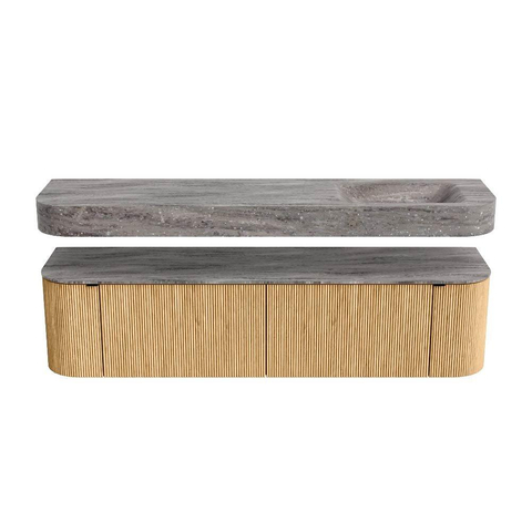 MONDIAZ THOR-DLUX 180cm meuble de salle de bains arrondi gauche + droite couleur Oak avec 2 tiroirs et 2 portes. Vasque suspendue CLOUD Droite 1 trou de robinet couleur Oza. SW1466337