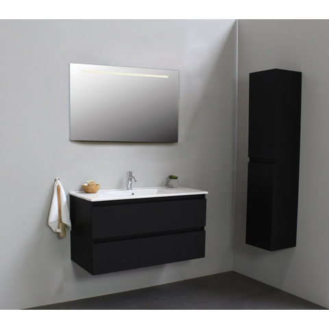 Basic Bella Meuble salle de bains avec lavabo céramique avec miroir et éclairage Blanc 100x55x46cm 1 trou de robinet Noir mat SW491831