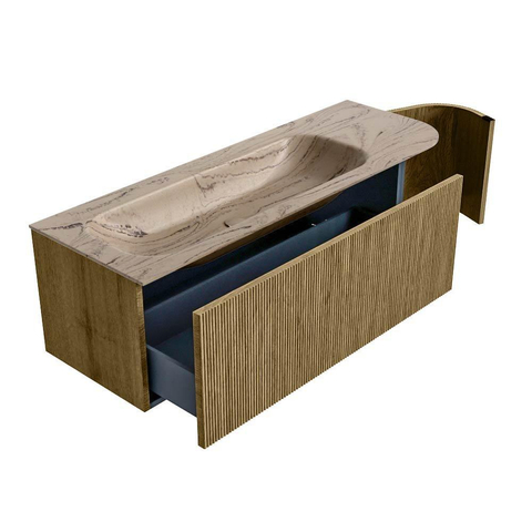 MONDIAZ KURVE-DLUX 135cm badmeubel ronding Rechts kleur Dusk met 1 lade en 1 deur. Wastafel BIG MEDIUM Links zonder kraangat Arena. SW1431405