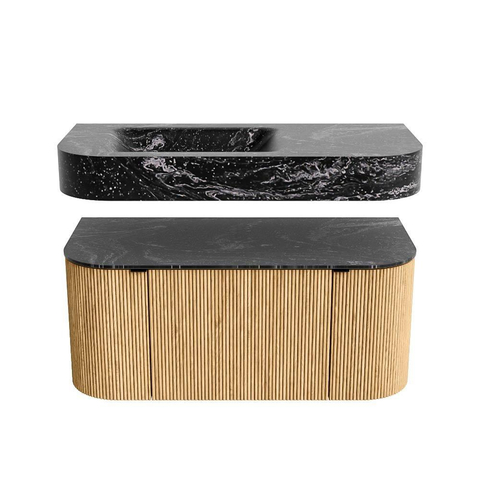 MONDIAZ THOR-DLUX 100cm meuble de salle de bains arrondi gauche + droite couleur Oak avec 1 tiroir et 2 portes. Vasque suspendue CLOUD Gauche 1 trou de robinet couleur Lava. SW1467311