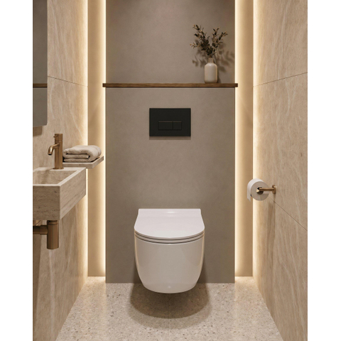 QeramiQ Dely Toiletset - 36.3x51.7cm - diepspoel - rimless - Geberit UP320 inbouwreservoir - met Burda frame - softclose toiletzitting - mat zwarte bedieningsplaat - rechtehoekige knoppen - wit mat SW804602