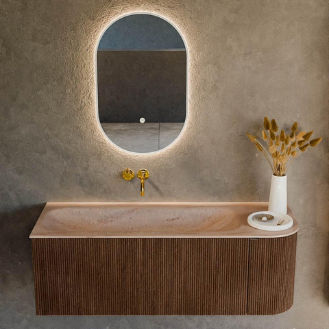MONDIAZ KURVE-DLUX Meuble de salle de bains 125cm arrondi Droite couleur Walnut avec 1 tiroir et 1 porte. Lavabo BIG MEDIUM Gauche sans trou de robinet Saba. SW1433177