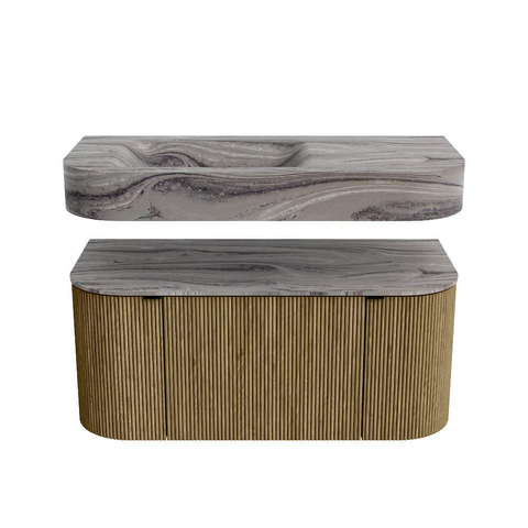 MONDIAZ THOR-DLUX 100cm meuble de salle de bains arrondi gauche + droite couleur Dusk avec 1 tiroir et 2 portes. Vasque suspendue CLOUD Gauche 1 trou de robinet couleur Sombra. SW1467623