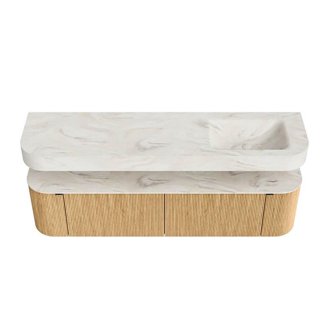 MONDIAZ THOR-DLUX 180cm badmeubel ronding links + rechts kleur Oak met 2 lades en 2 deuren. Vrijhangende wastafel CLOUD Rechts zonder kraangat kleur Ostra. SW1465919