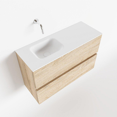 MONDIAZ ADA Toiletmeubel 80x30x50cm met 0 kraangaten 2 lades washed oak mat Wastafel Lex links Solid Surface Wit SW472767