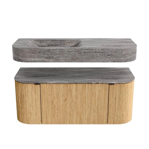 MONDIAZ THOR-DLUX 110cm badmeubel ronding links + rechts kleur Oak met 1 lade en 2 deuren. Vrijhangende wastafel CLOUD Links 1 kraangat kleur Oza. SW1462963
