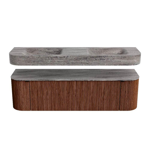 MONDIAZ THOR-DLUX 160cm meuble de salle de bains arrondi gauche + droite couleur Ruby avec 1 tiroir et 2 portes. Vasque suspendue CLOUD Double 2 trous de robinet couleur Oza. SW1465320