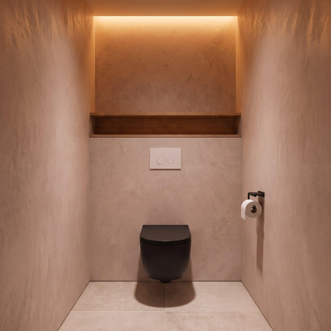 QeramiQ Dely Swirl Ensemble WC- 36.3x51.7cm - Réservoir encastré Geberit UP320 - abattant fin - Plaque de commande en métal blanc mat - Boutons ronds - Noir mat SW1130202