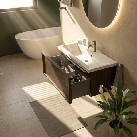 Saniclass Holz Frame Ensemble de meuble de salle de bains - 100x45x43.5cm - lavabo Bari en céramique blanc - 1 vasque - 1 trou de robinetterie - 1 tiroir - chêne charcoal mat (bois) SW1478756