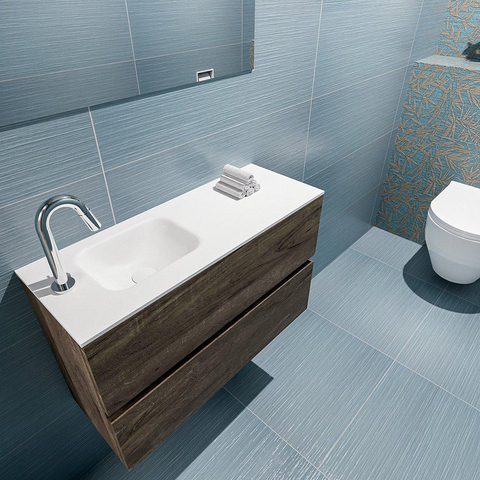 MONDIAZ ADA Toiletmeubel 80x30x50cm met 1 kraangaten 2 lades dark brown mat Wastafel Lex links Solid Surface Wit SW472791