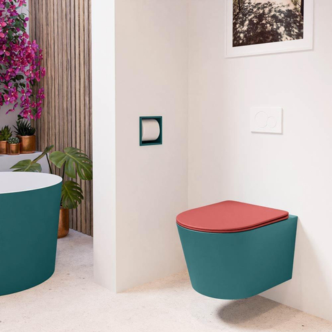 Mondiaz LAVIE hangtoilet – spoelrandloos – 36 x 53 cm – met softclose zitting – Smag (groen), zitting Fire (rood) SW1208623