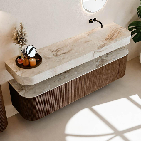 MONDIAZ THOR-DLUX 180cm meuble de salle de bains arrondi gauche + droite couleur Walnut avec 2 tiroirs et 2 portes. Vasque suspendue CLOUD Droite sans trou de robinet couleur Frappe. SW1465951