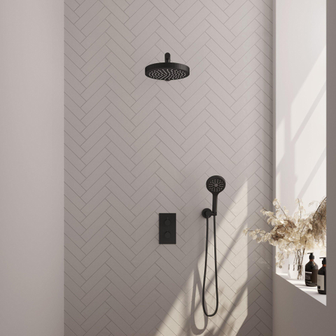 BRAUER Stripe Douche de tête thermostatique encastrée - 3 voies - rectangulaire - SET 16 - pomme de douche 25cm - bras mural droit - douchette 3 jets - flexible de douche - coude mural - noir mat SW1435144