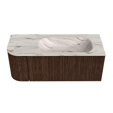 MONDIAZ KURVE-DLUX 115cm badmeubel ronding Links kleur Walnut met 1 lade en 1 deur. Wastafel BIG SMALL Rechts zonder kraangat Nata. SW1432190