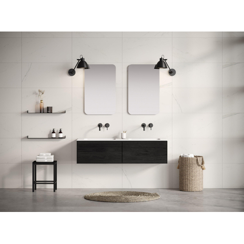 Looox Solid Wastafelonderkast - vlak front - 2 lades - 1 wasbak - afvoer links - 140x36.5x46 cm - zwart SW931492