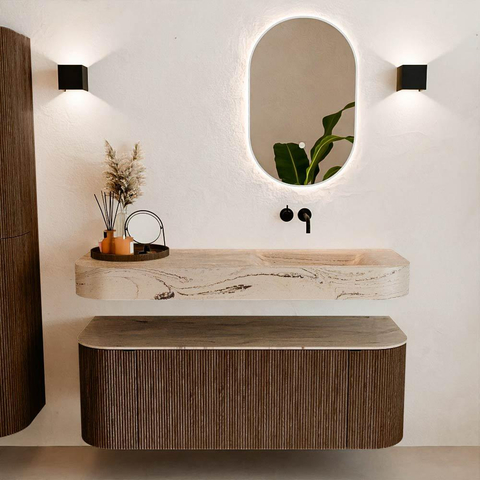 MONDIAZ THOR-DLUX 130cm meuble de salle de bains arrondi gauche + droite couleur Walnut avec 1 tiroir et 2 portes. Vasque suspendue CLOUD droite sans trou de robinet couleur Arena. SW1463768