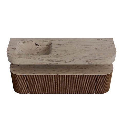 MONDIAZ THOR-DLUX 150cm meuble de salle de bains arrondi gauche + droite couleur Walnut avec 1 tiroir et 2 portes. Vasque suspendue CLOUD Gauche sans trou de robinet couleur Arena. SW1464742