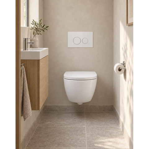 Pack WC QeramiQ Dely Swirl Compact - réservoir encastrable Geberit UP320 - avec bâti-support Burda - abattant 25 mm - plaque de commande en métal blanc mat - boutons ronds - blanc mat SW1595657
