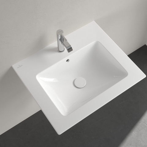 Villeroy & Boch venticello wastafel - 600x500mm - met overloop - geslepen onderkant - 3 kraangaten middelste open - White Alpine (glans wit) 1025156