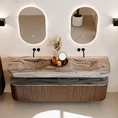 MONDIAZ THOR-DLUX 180cm badmeubel ronding links + rechts kleur Walnut met 2 lades en 2 deuren. Vrijhangende wastafel CLOUD Dubbel zonder kraangat kleur Sombra. SW1466280