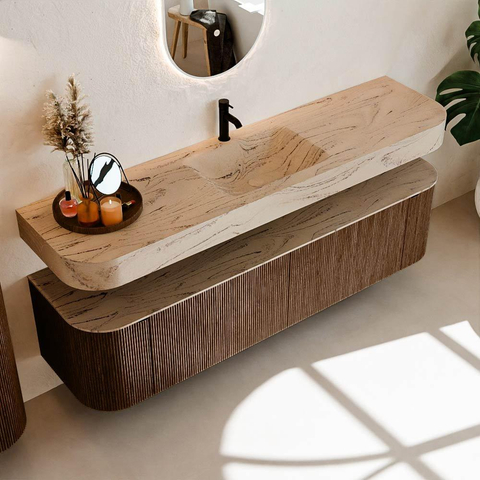 MONDIAZ THOR-DLUX 180cm meuble de salle de bains arrondi gauche + droite couleur Walnut avec 2 tiroirs et 2 portes. Vasque suspendue CLOUD Milieu 1 trou de robinet couleur Arena. SW1466134