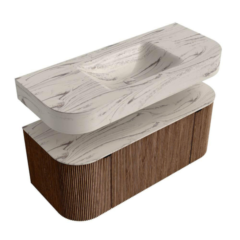 MONDIAZ THOR-DLUX 110cm badmeubel ronding links + rechts kleur Walnut met 1 lade en 2 deuren. Vrijhangende wastafel CLOUD Midden zonder kraangat kleur Nata. SW1462940