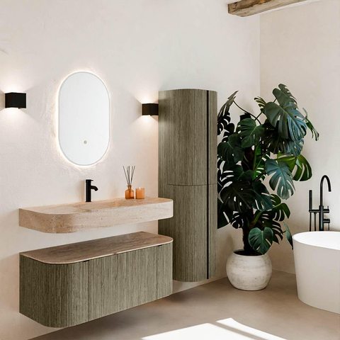 MONDIAZ THOR-DLUX 110cm meuble de salle de bains arrondi gauche + droite couleur Shadow avec 1 tiroir et 2 portes. Vasque suspendue CLOUD Milieu 1 trou de robinet couleur Saba. SW1463023