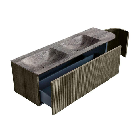MONDIAZ KURVE-DLUX 145cm badmeubel ronding Rechts kleur Shadow met 1 lade en 1 deur. Wastafel LEAF Dubbel / Links 2 kraangaten Oza. SW1432922