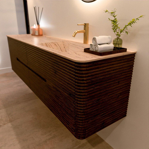 Mondiaz CIRO-DLUX Badkamermeubelset - 180x45x50cm - Solid surface wastafel Arena - 1 wasbak Rechts - 1 kraangat - 4 lades - Walnut SW1530475