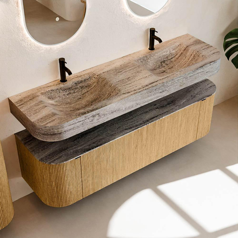 MONDIAZ THOR-DLUX 160cm meuble de salle de bains arrondi gauche + droite couleur Oak avec 1 tiroir et 2 portes. Vasque suspendue CLOUD Double 2 trous de robinet couleur Oza. SW1465282