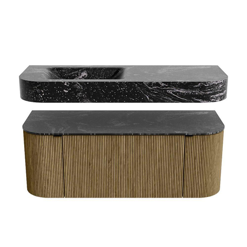 MONDIAZ THOR-DLUX 120cm meuble de salle de bains arrondi gauche + droite couleur Dusk avec 1 tiroir et 2 portes. Vasque suspendue CLOUD gauche 1 trou de robinet couleur Lava. SW1463310
