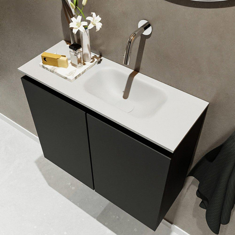 MONDIAZ TURE Fonteinset - 60x23x50cm - 0 kraangaten - 2 deuren - urban mat - Wasbak rechts - Solid Surface Wit SW474922