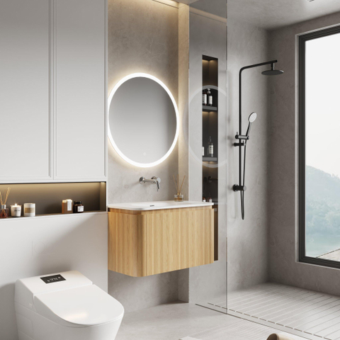Royal Plaza Terra Badkamermeubelset - 80x47x46cm - solid surface wastafel wit mat - 1 wasbak - zonder kraangat - 2 lades - sandwood (licht eiken) SW1447018
