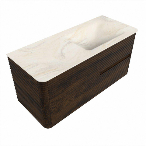 Mondiaz CIRO-DLUX Badkamermeubelset - 110x45x50cm - Solid surface wastafel Ostra - 1 wasbak Rechts - zonder kraangaten - 2 lades - Walnut SW1530343