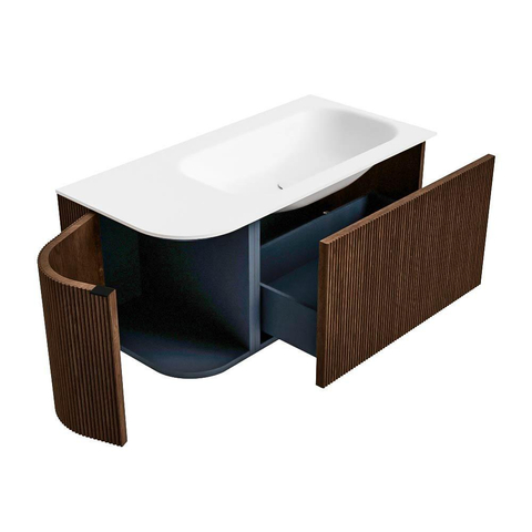 MONDIAZ KURVE Meuble de salle de bains 95 cm avec module 25 L couleur Walnut avec 1 tiroir et 1 porte. Lavabo BIG SMALL à droite sans trou de robinet Talc. SW1138237
