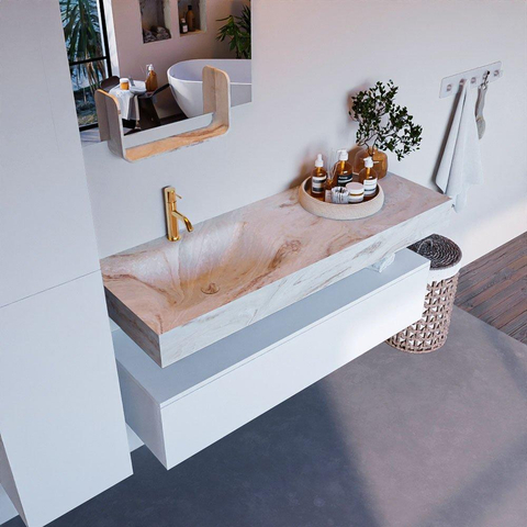 Mondiaz ALAN-DLUX Ensemble de meuble - 130cm - meuble Talc mat - 1 tiroir - Lavabo Cloud Frappe suspendu - vasque Gauche - 1 trou de robinet SW804668