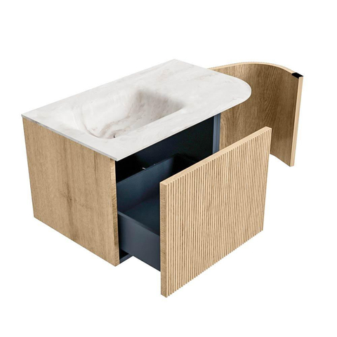 MONDIAZ KURVE-DLUX meuble de salle de bains 75cm avec module 25 R couleur chêne avec 1 tiroir et 1 porte. Vasque GRUNNE gauche sans trou de robinet couleur Frappe. SW1138549