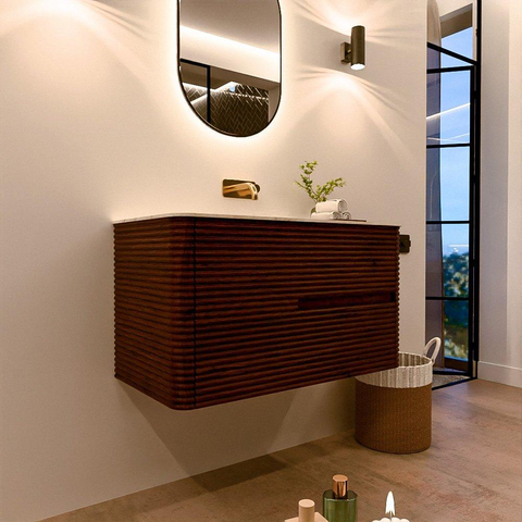 Mondiaz CIRO-DLUX Badkamermeubelset - 90x45x50cm - Solid surface wastafel Ostra - 1 wasbak Midden - zonder kraangaten - 2 lades - Ruby SW1531877