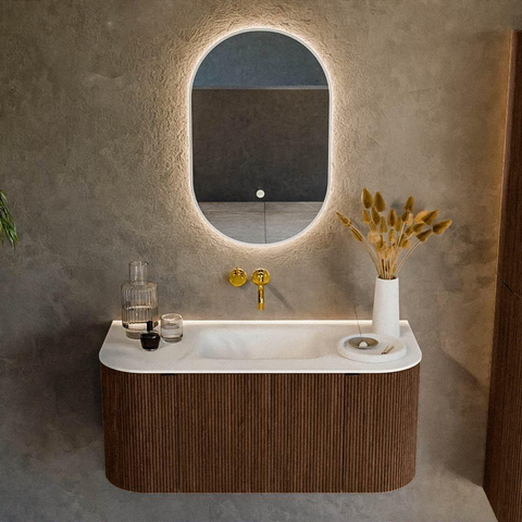 MONDIAZ KURVE Meuble de salle de bains 100cm avec module 25 Len R couleur Walnut avec 1 tiroir et 2 portes. Lavabo GRUNNE central sans trou de robinet Talc. SW1138260