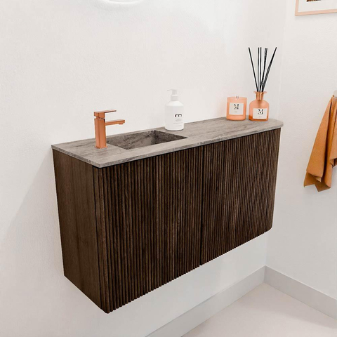 Mondiaz JOYA-DLUX 81.6cm toiletmeubel - ronding rechts kleur Walnut - Wastafel FAYE positie Links 1 kraangat kleur Oza. SW1424591