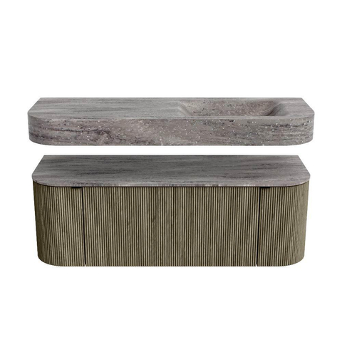 MONDIAZ THOR-DLUX 130cm badmeubel ronding links + rechts kleur Shadow met 1 lade en 2 deuren. Vrijhangende wastafel CLOUD Rechts zonder kraangat kleur Oza. SW1463988