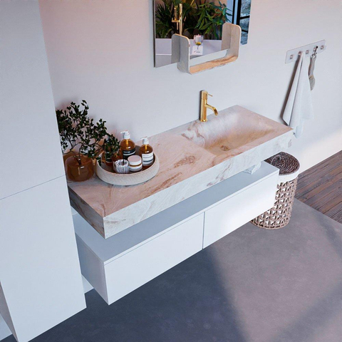 Mondiaz ALAN-DLUX Ensemble de meuble - 130cm - meuble Talc mat - 2 tiroirs - Lavabo Cloud Frappe suspendu - vasque Droite - 1 trou de robinet SW804903