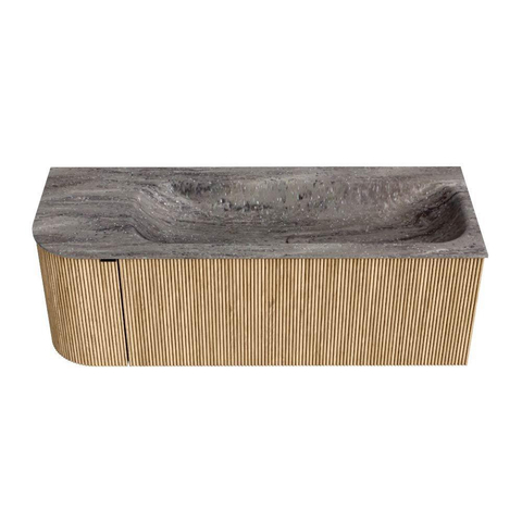 MONDIAZ KURVE-DLUX Meuble de salle de bains 125cm arrondi à gauche couleur Oak avec 1 tiroir et 1 porte. Plan-vasque BIG MEDIUM à droite sans trou de robinet Oza. SW1432641