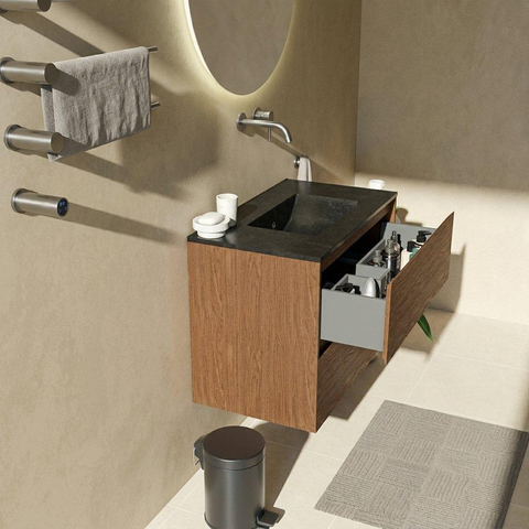 Saniclass Holz Pure Badkamermeubelset - 80x45x62cm - Vygo keramische wastafel zwart - 1 wasbak - zonder kraangat - 2 lades - mat walnut pure (hout) SW1478950
